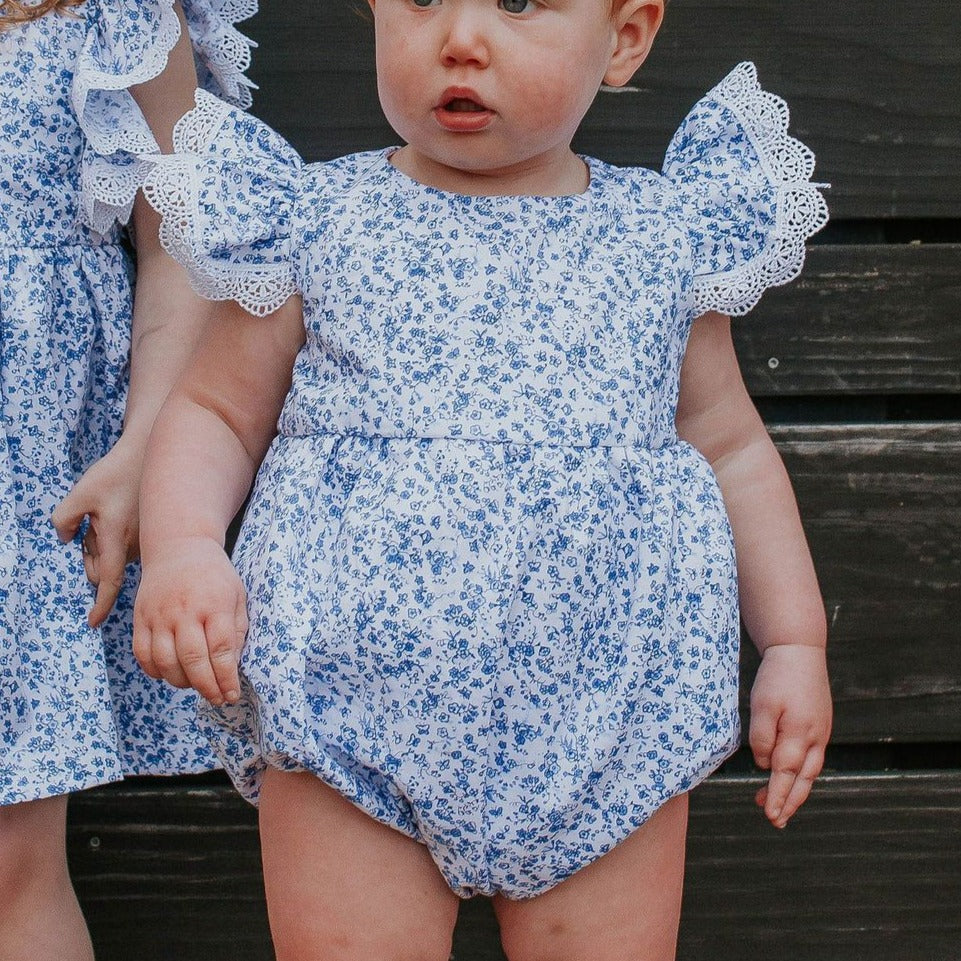 baby girls calico floral blue and white bubble romper