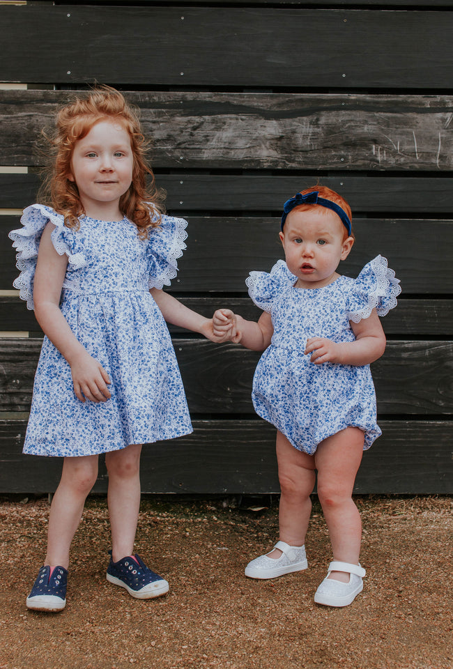 Infant Girl's Blue and White Calico Floral Ruffle Cotton Bubble Romper with Venice Lace Trim