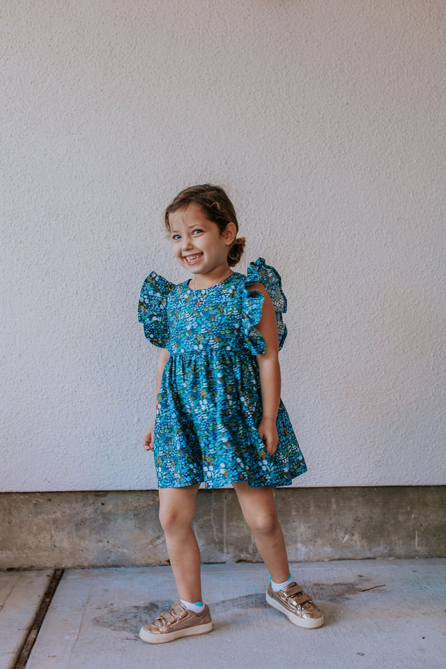 Little Girl's Blue and Yellow Rifle Paper Floral Print Ruffle Cotton Dress