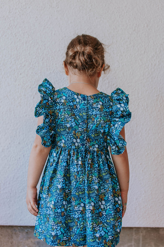 little girls blue floral rifle paper ruffle dress