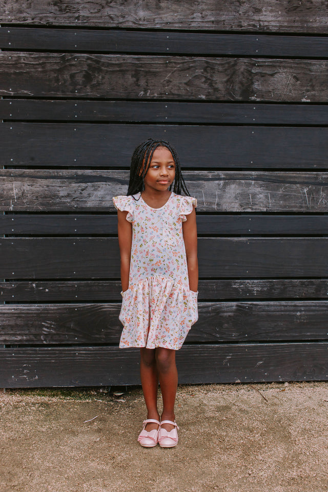 Little Girl s Ivory Floral Jersey Three Pocket Dress cuteheads