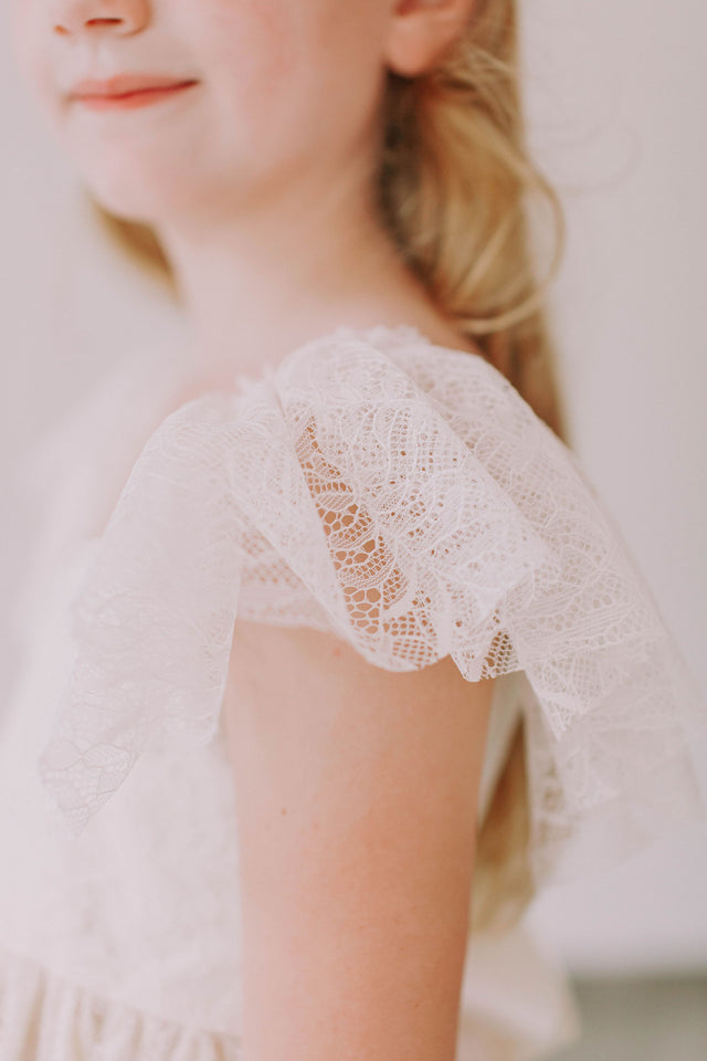 Little Girl's Ivory Leaf Lace Flutter Sleeve Scoop Back Flower Girl Dress