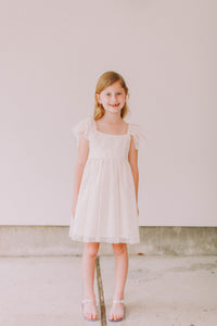 Little Girl's Ivory Leaf Lace Flutter Sleeve Scoop Back Flower Girl Dress