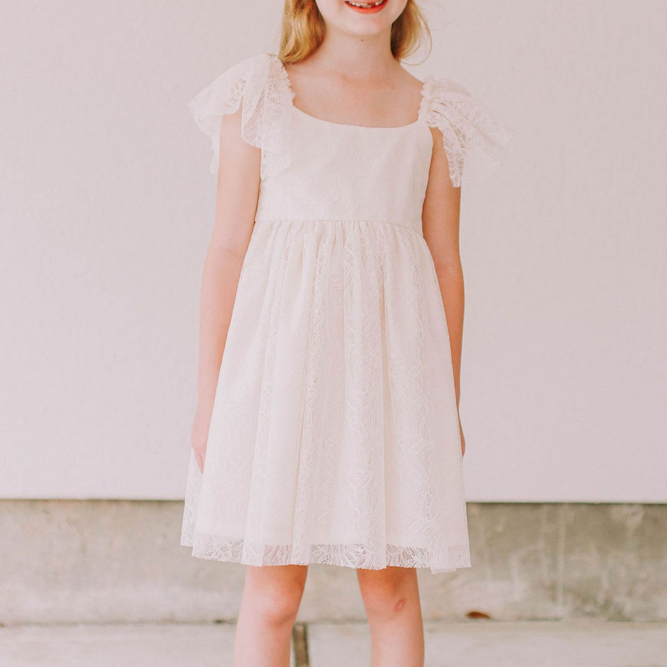 Little Girl's Ivory Leaf Lace Flutter Sleeve Scoop Back Flower Girl Dress
