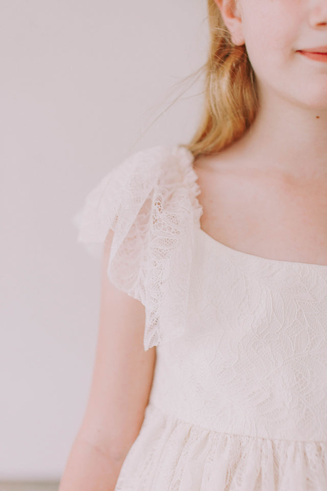 Little Girl's Ivory Leaf Lace Flutter Sleeve Scoop Back Flower Girl Dress