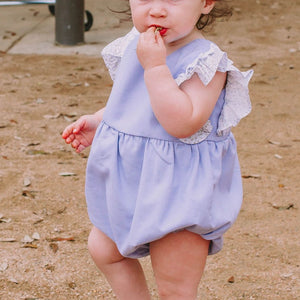 Infant Girl's Lavender Cotton and Calico Floral Bubble Romper with Crochet Lace Trim