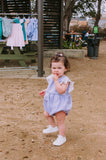 Infant Girl's Lavender Cotton and Calico Floral Bubble Romper with Crochet Lace Trim