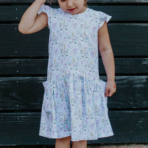 Little Girl's Pastel Unicorn Print Jersey Cotton Three Pocket Dress