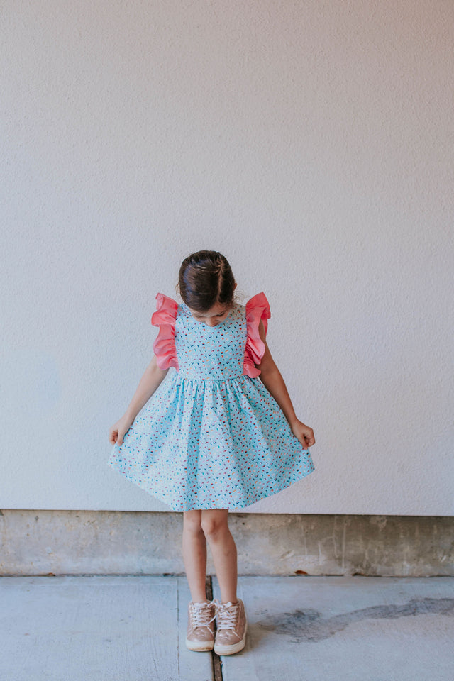 Little Girl's Aqua and Pink Sushi Print Dress