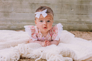 Infant Girl's Pink and White Calico Floral Ruffle Cotton Bubble Romper with Venice Lace Trim