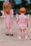 Little Girl's Pink and White Ditsy Floral Calico Print Pinafore Dress with Crochet Lace Trim