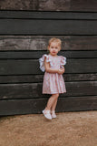 Little Girl's Pink and White Ditsy Floral Calico Print Pinafore Dress with Crochet Lace Trim