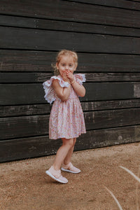 Little Girl's Pink and White Ditsy Floral Calico Print Pinafore Dress with Crochet Lace Trim