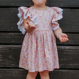 Little Girl's Pink and White Ditsy Floral Calico Print Pinafore Dress with Crochet Lace Trim
