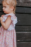 Little Girl's Pink and White Ditsy Floral Calico Print Pinafore Dress with Crochet Lace Trim