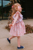 Little Girl's Pink and White Ditsy Floral Calico Print Pinafore Dress with Crochet Lace Trim