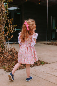 Little Girl's Pink and White Ditsy Floral Calico Print Pinafore Dress with Crochet Lace Trim