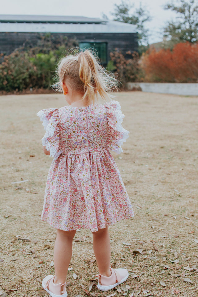 Little Girl's Pink and White Ditsy Floral Calico Print Pinafore Dress with Crochet Lace Trim