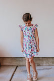 Little Girl's Purple Watercolor Boho Floral Print Three-Pocket Jersey Dress