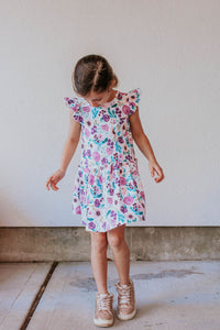 Little Girl's Purple Watercolor Boho Floral Print Three-Pocket Jersey Dress