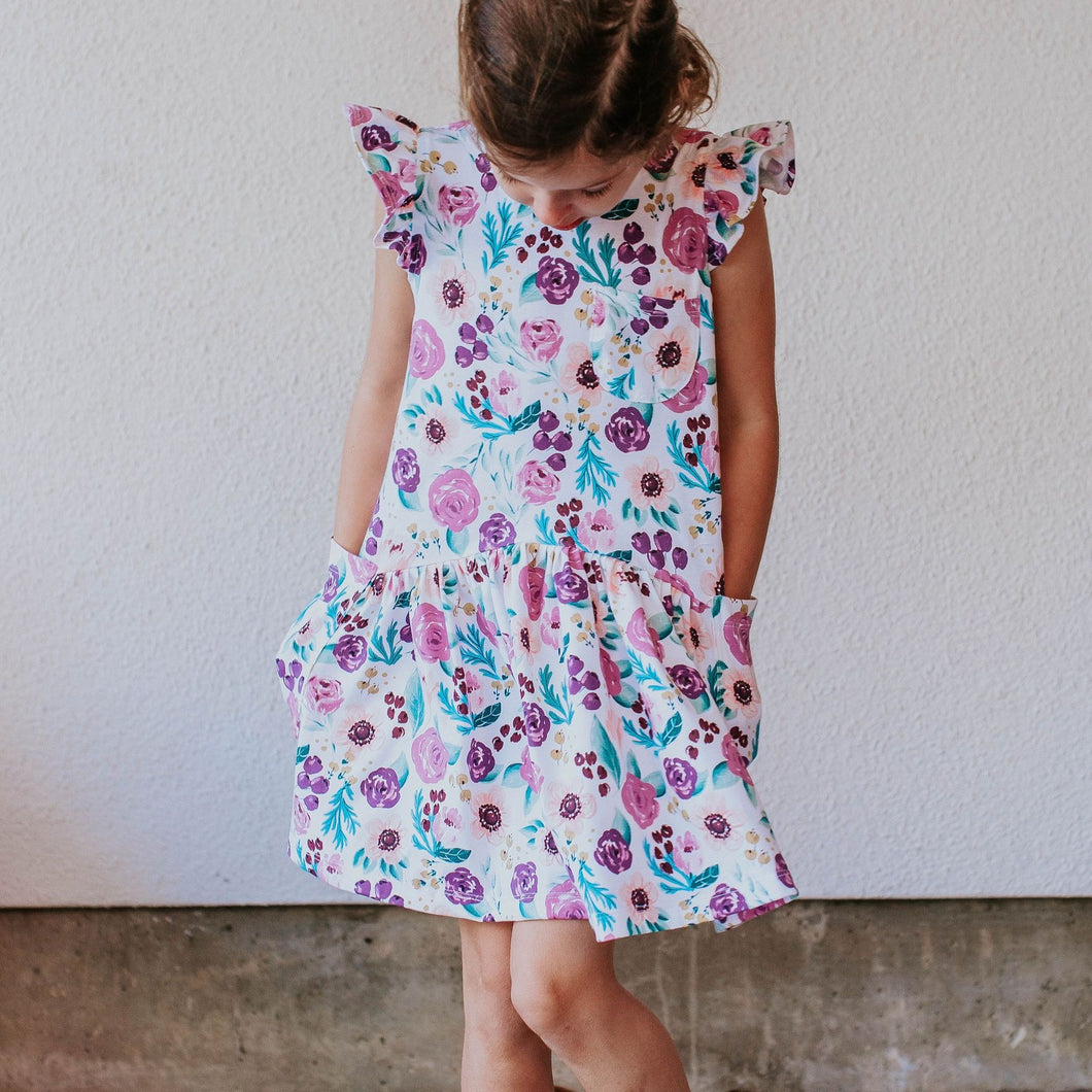 Little Girl's Purple Watercolor Boho Floral Print Three-Pocket Jersey Dress
