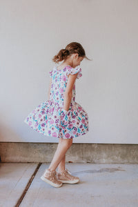 Little Girl's Purple Watercolor Boho Floral Print Three-Pocket Jersey Dress