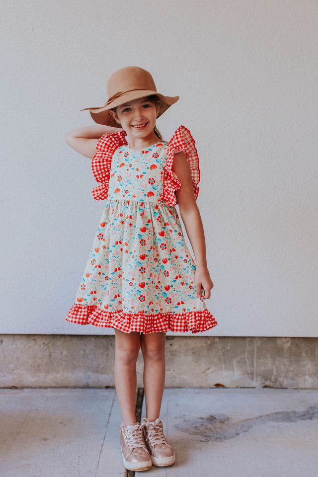 Little Girl's Red Gingham and Floral Ruffle Pinafore Dress