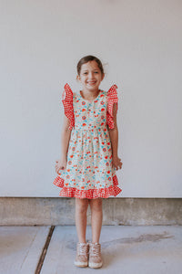 Little Girl's Red Gingham and Floral Ruffle Pinafore Dress