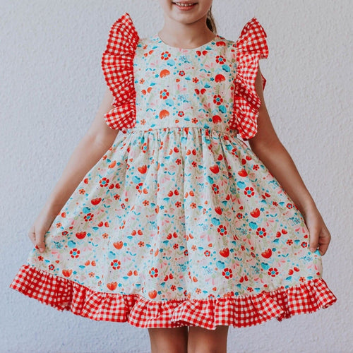 Little Girl's Red Gingham and Floral Ruffle Pinafore Dress