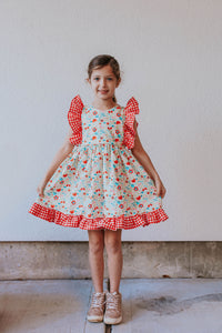 Little Girl's Red Gingham and Floral Ruffle Pinafore Dress