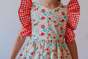 Little Girl's Red Gingham and Floral Ruffle Pinafore Dress