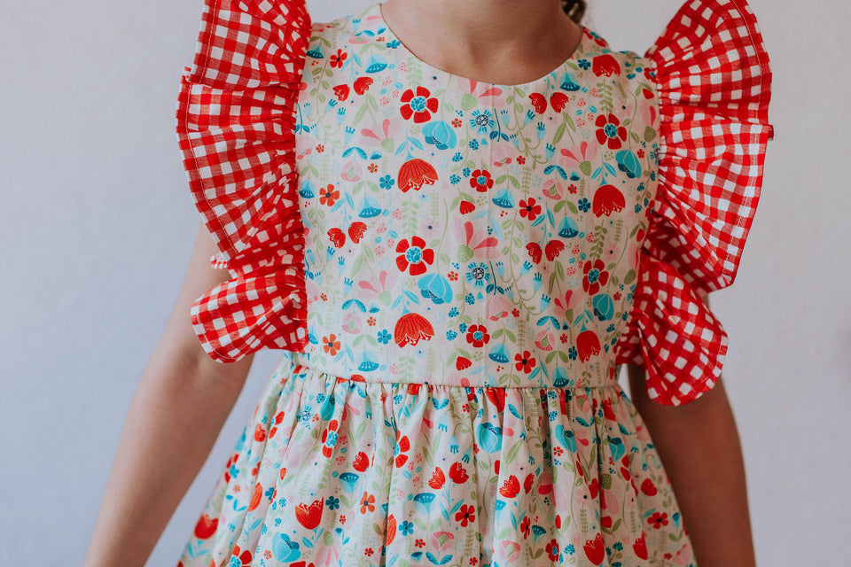 Little Girl's Red Gingham and Floral Ruffle Pinafore Dress