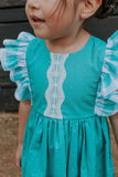 Infant Girl's Turquoise Polka Dots and Plaid Bubble Romper with Lace Trim
