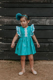 Infant Girl's Turquoise Polka Dots and Plaid Bubble Romper with Lace Trim