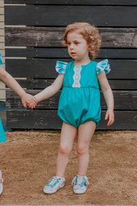 Infant Girl's Turquoise Polka Dots and Plaid Bubble Romper with Lace Trim