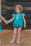 Infant Girl's Turquoise Polka Dots and Plaid Bubble Romper with Lace Trim