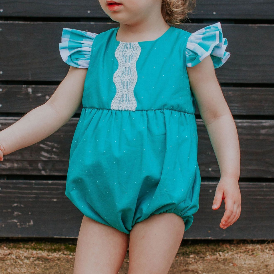 Infant Girl's Turquoise Polka Dots and Plaid Bubble Romper with Lace Trim