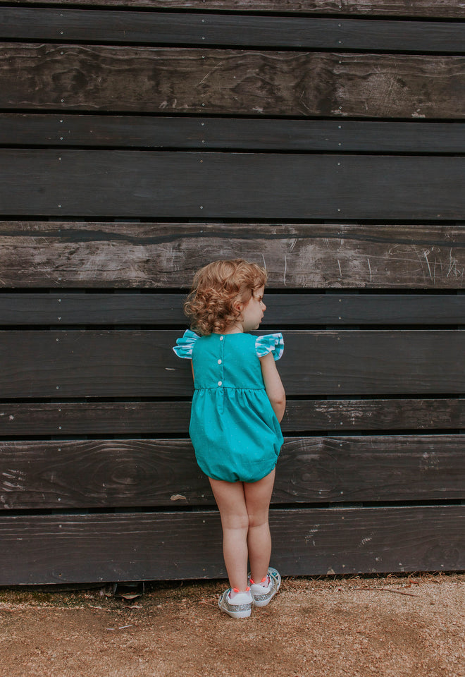 Infant Girl's Turquoise Polka Dots and Plaid Bubble Romper with Lace Trim