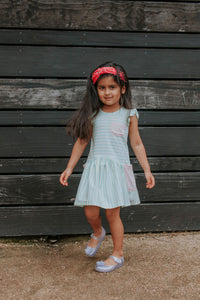 Little Girl's Pastel Mint Stripe Jersey Dress with Pink Cotton Pockets