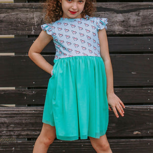 Little Girl's Turquoise Unicorn Print Ruffle Jersey Dress