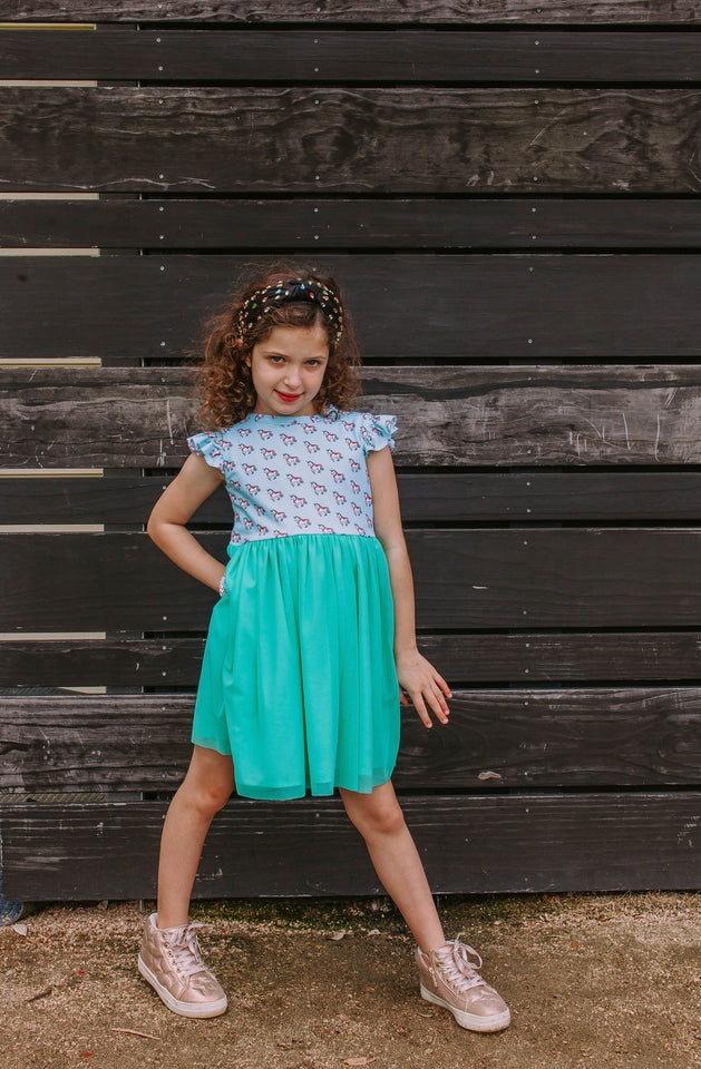 little girls turquoise unicorn jersey and tulle dress