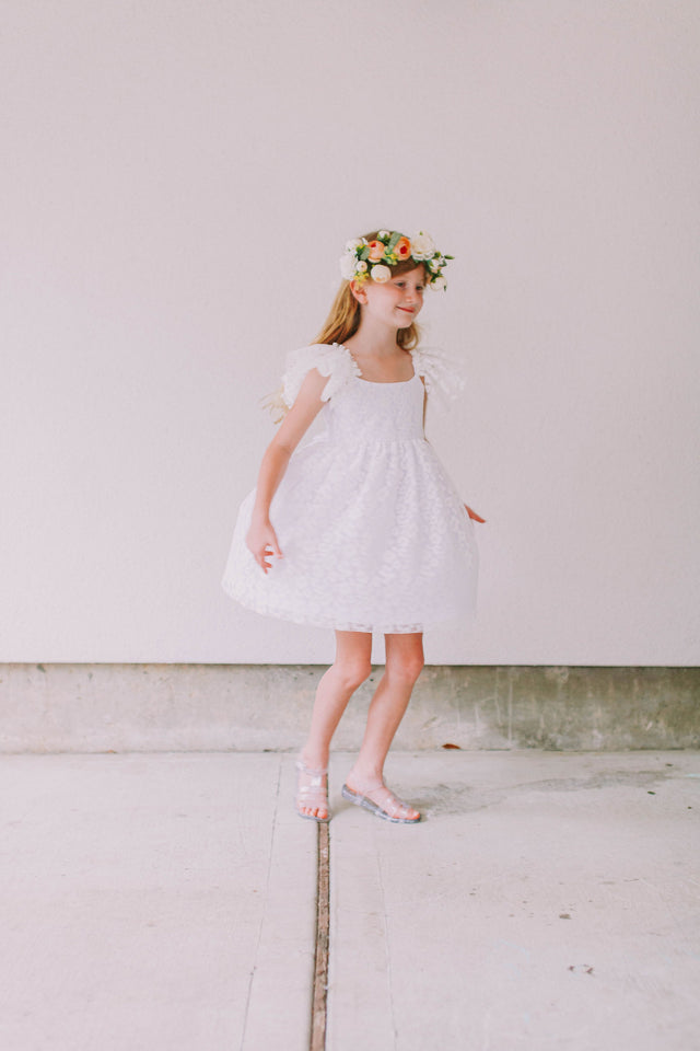 Little Girl's White Lace Flutter Sleeve Scoop Back Flower Girl Dress