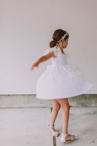 Little Girl's White Leaf Lace Flutter Sleeve Scoop Back Flower Girl Dress