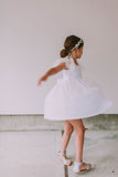 Little Girl's White Leaf Lace Flutter Sleeve Scoop Back Flower Girl Dress