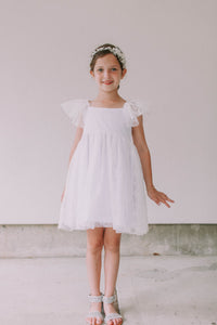 little girls white lace flutter sleeve flower girl dress