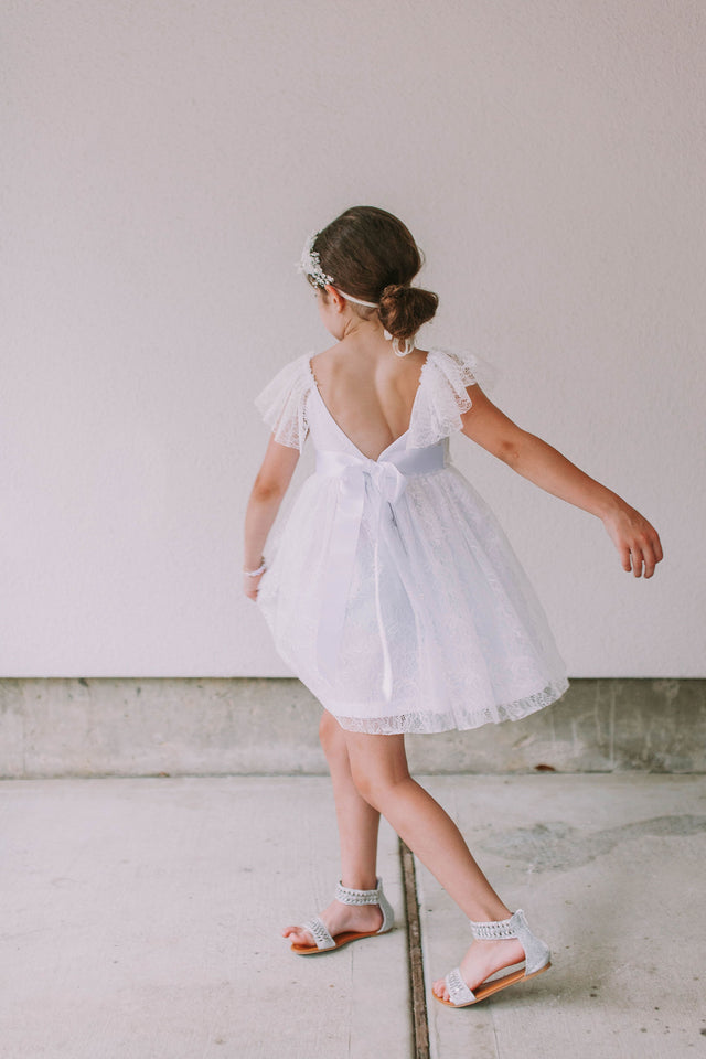 little girls white lace scooped back flower girl dress