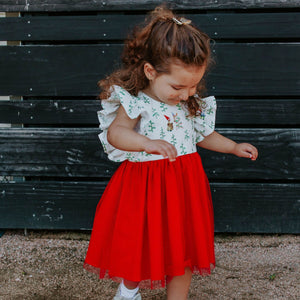 Little Girl's Green Elf Print Dress with Red Tulle Skirt
