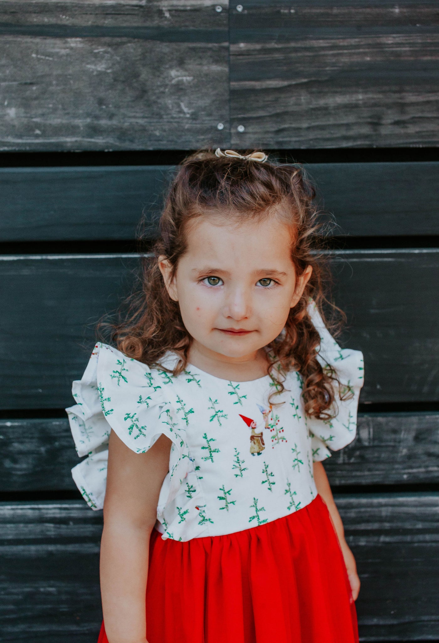 Little Girl s Christmas Gnome Print Dress with Red Tulle Skirt cuteheads