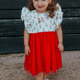Little Girl's Christmas Gnome Print Dress with Red Tulle Skirt