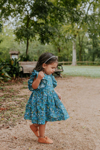 little girls blue and yellow floral rifle paper co flutter sleeve dress